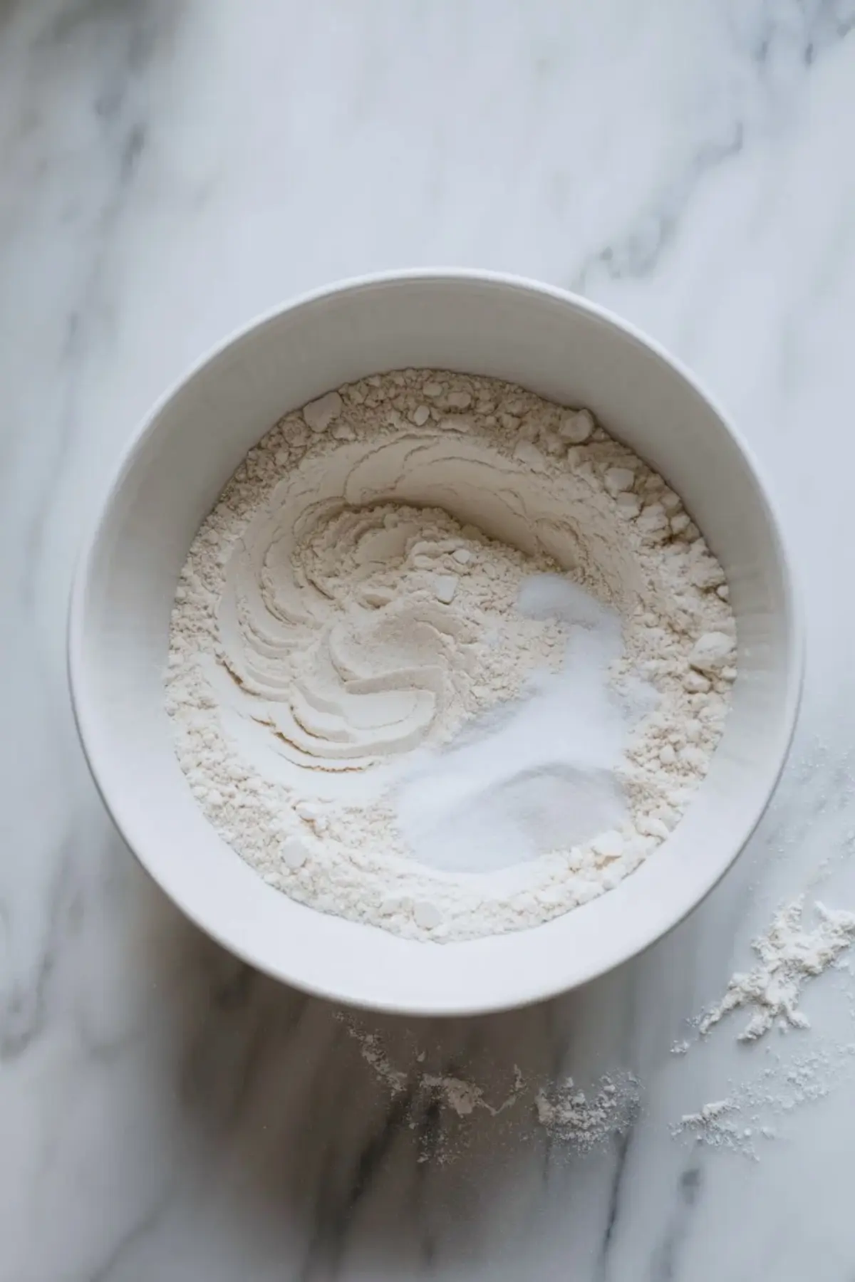 Chunks of cold butter worked into flour in a glass bowl for rustic peach galette dough.