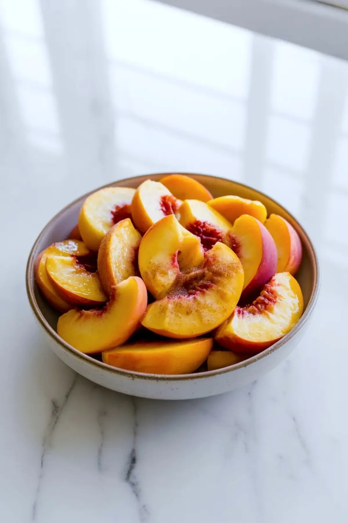 Flour mixture in a glass bowl for rustic peach galette dough before the butter is fully worked in.