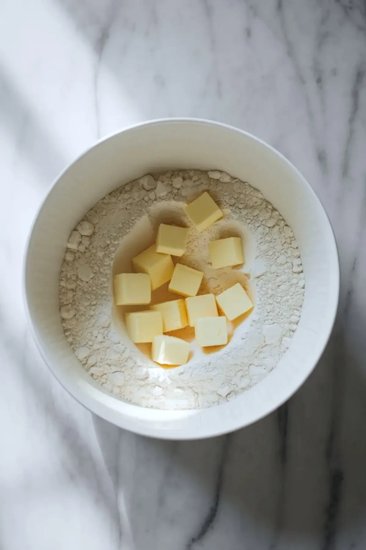 Round disk of rustic peach galette dough wrapped and chilled on a white marble surface.