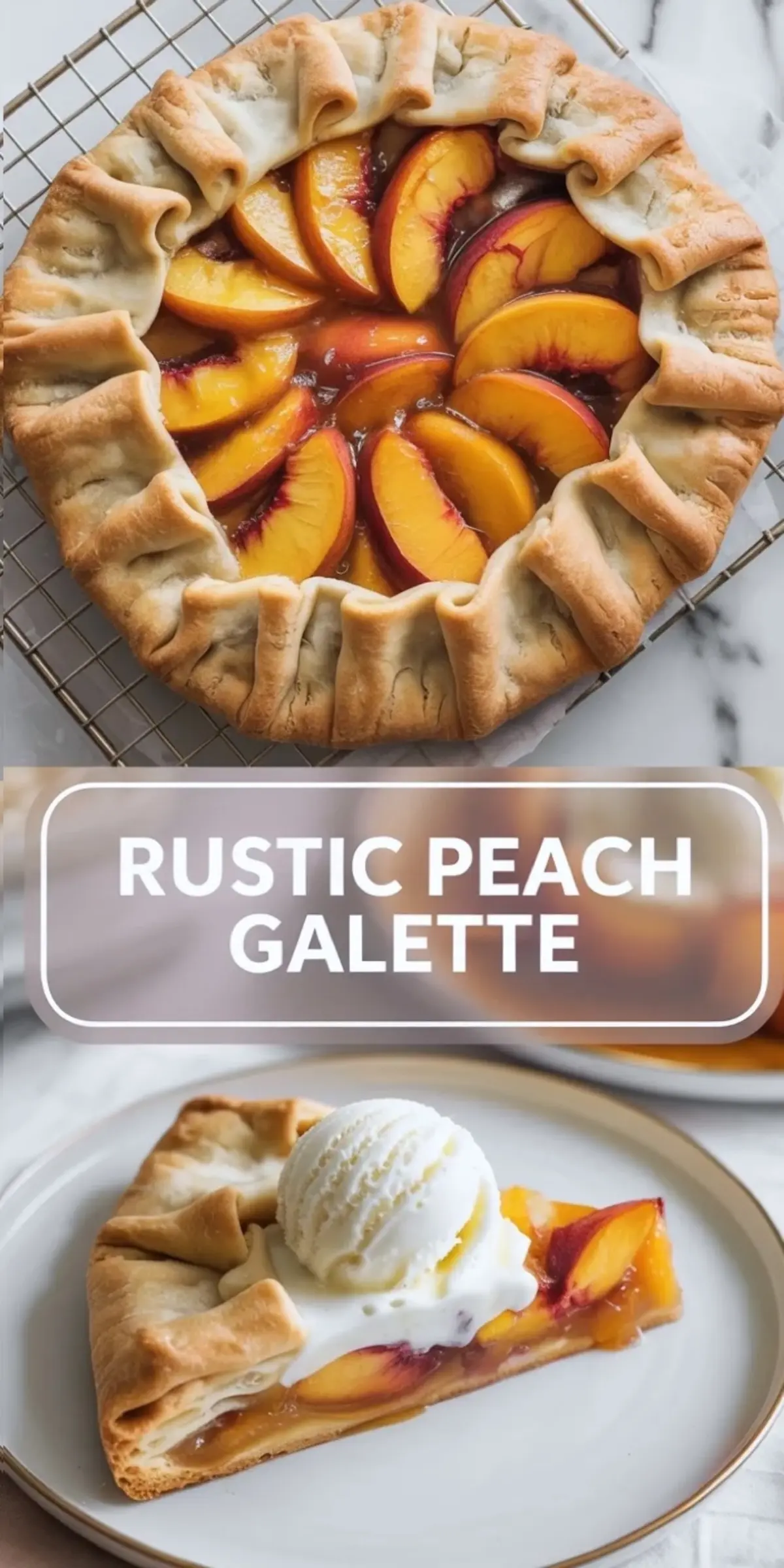 Tall collage of rustic peach galette with finished overhead and slice views framed around the recipe title text.