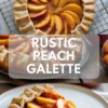 Rustic peach galette baked until golden with sliced peaches in the center and a flaky folded crust, shown from above on white marble.