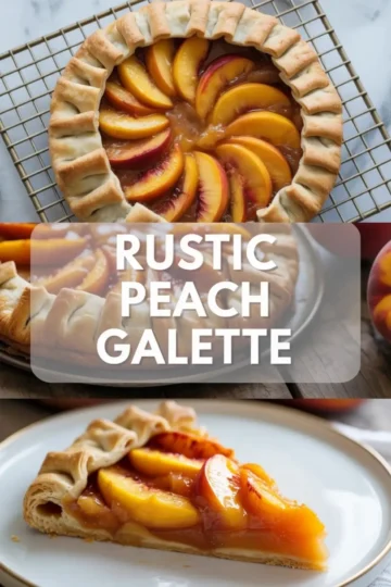 Rustic peach galette baked until golden with sliced peaches in the center and a flaky folded crust, shown from above on white marble.