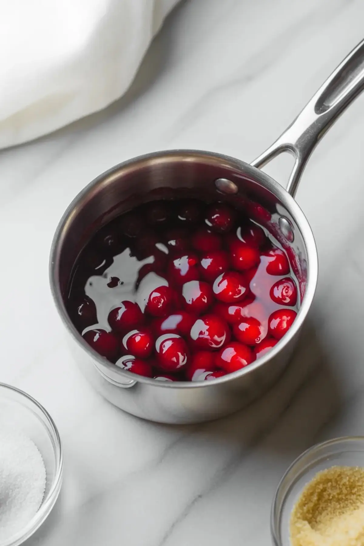 Small saucepan filled with glossy sour cherry topping for sour cherry shortcake dream bars on a white marble surface.