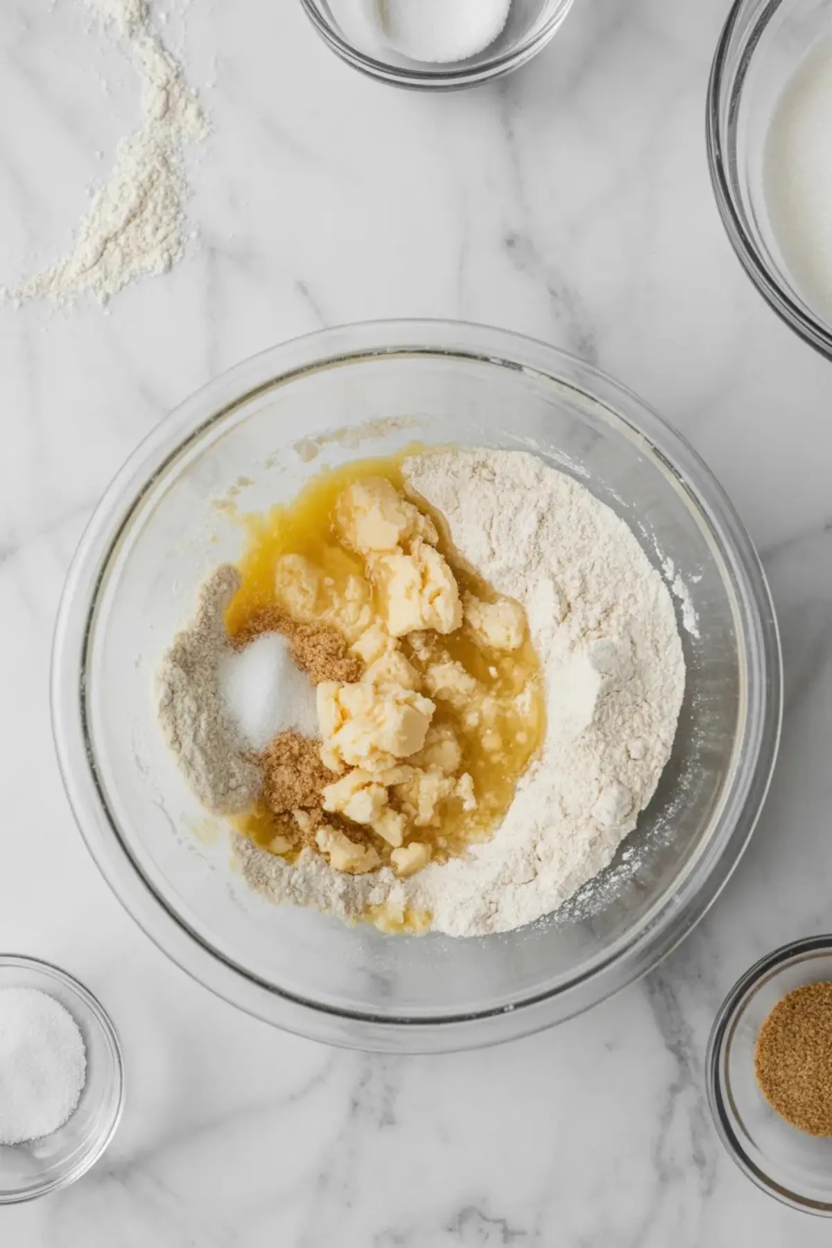 Butter, flour, sugar, and salt in a glass bowl for the shortcake base of sour cherry shortcake dream bars.