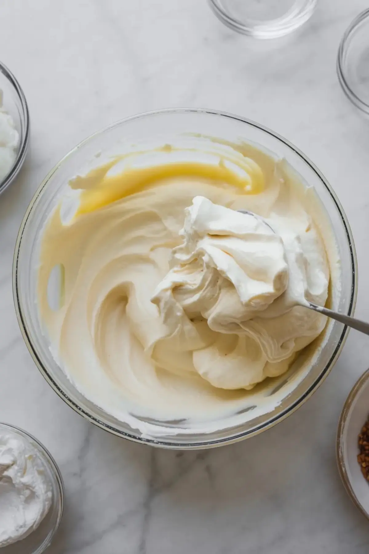 Smooth whipped cream cheese filling in a mixing bowl for the creamy middle layer of sour cherry shortcake dream bars.