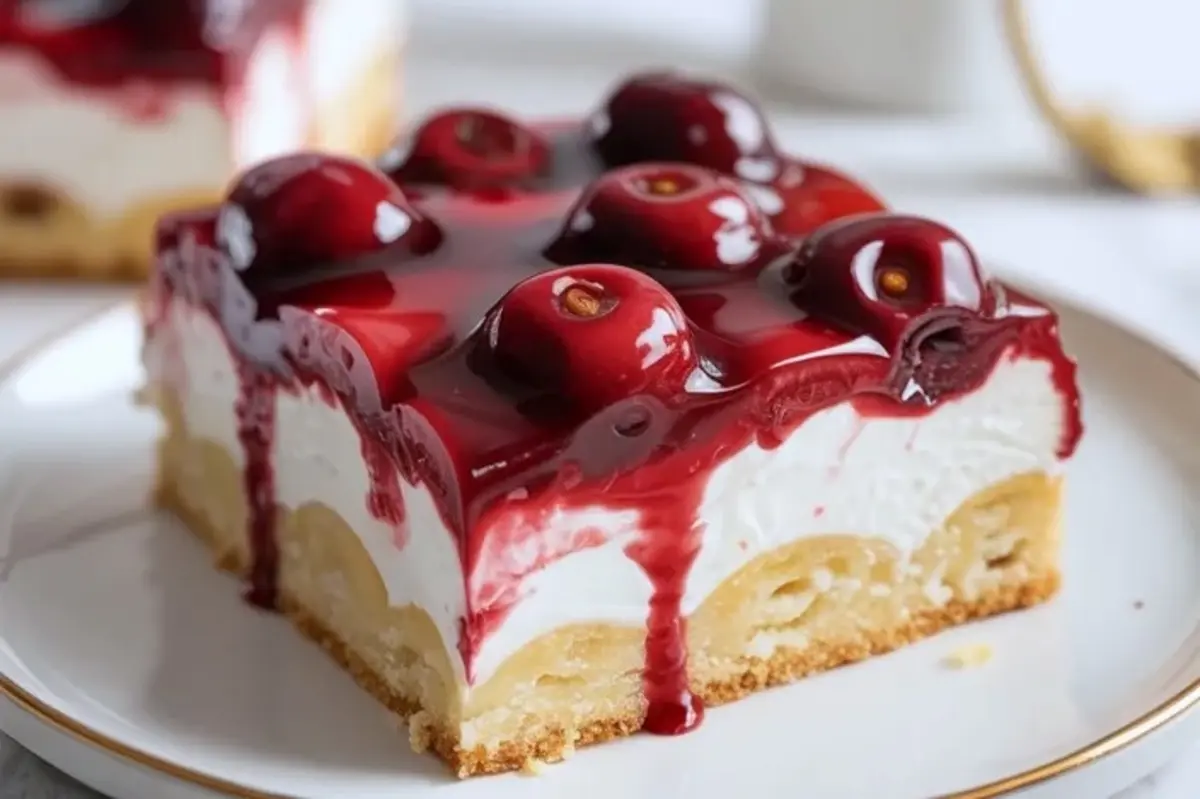 Close view of a sour cherry shortcake dream bar showing the shortcake base, creamy middle, and glossy cherry topping on a plate.