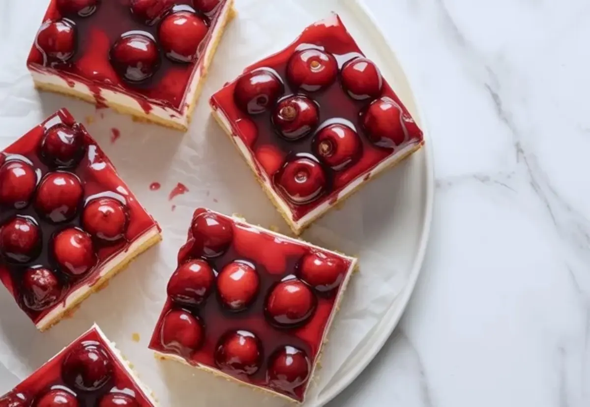 Overhead view of several sour cherry shortcake dream bars arranged on a round plate with glossy cherry topping.