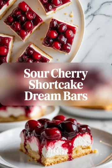 Several sour cherry shortcake dream bars arranged on a white plate, showing the glossy cherry topping and creamy layered centers from above.