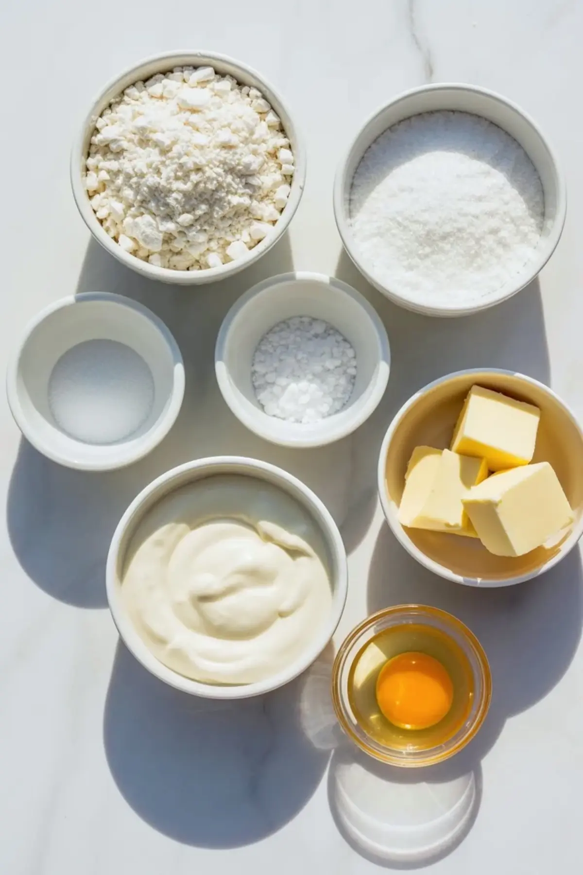 Overhead view of baking ingredients in white bowls on a marble surface, including flour, granulated sugar, coarse sugar, salt, cubed butter, sour cream, and a cracked egg, arranged for homemade sour cream scones recipe.