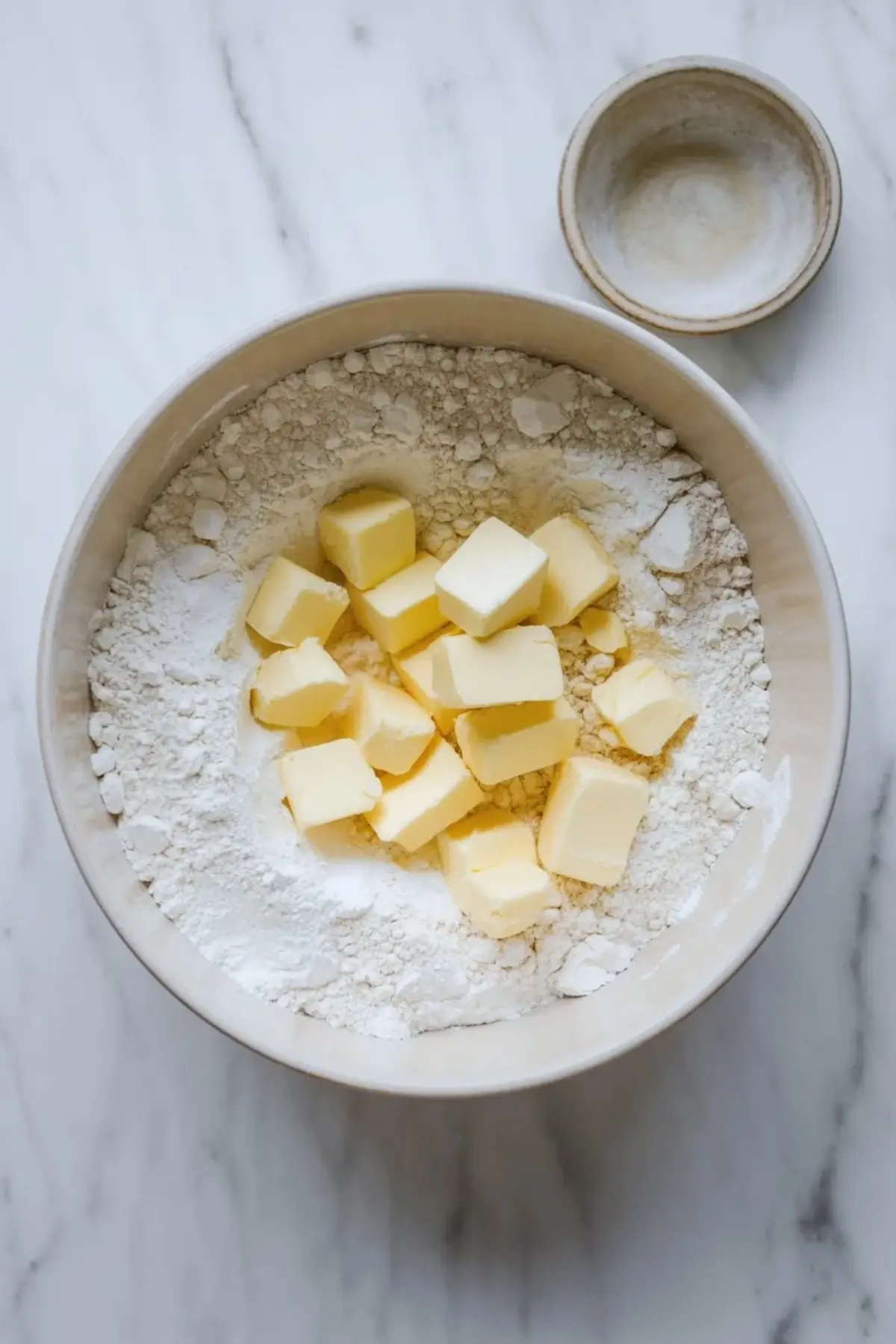 Large mixing bowl filled with flour and cold butter cubes on a marble countertop, showing the step for cutting butter into flour for flaky sour cream scones.