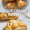 Vertical collage showing freshly baked triangular sour cream scones arranged on a white plate with glossy tops, with text overlay “Sour Cream Scones,” and a close-up of a sliced scone displaying a tender, layered interior.