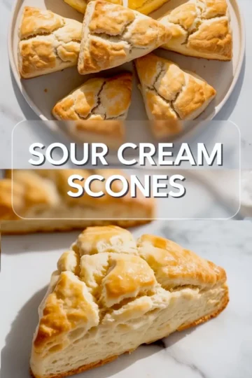 Vertical collage showing freshly baked triangular sour cream scones arranged on a white plate with glossy tops, with text overlay “Sour Cream Scones,” and a close-up of a sliced scone displaying a tender, layered interior.