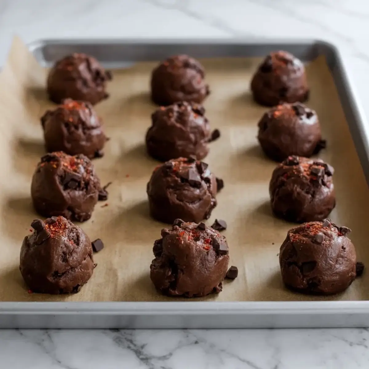 Scoops of spiced dark chocolate cornbread cookie dough rest on a parchment lined baking sheet before baking.