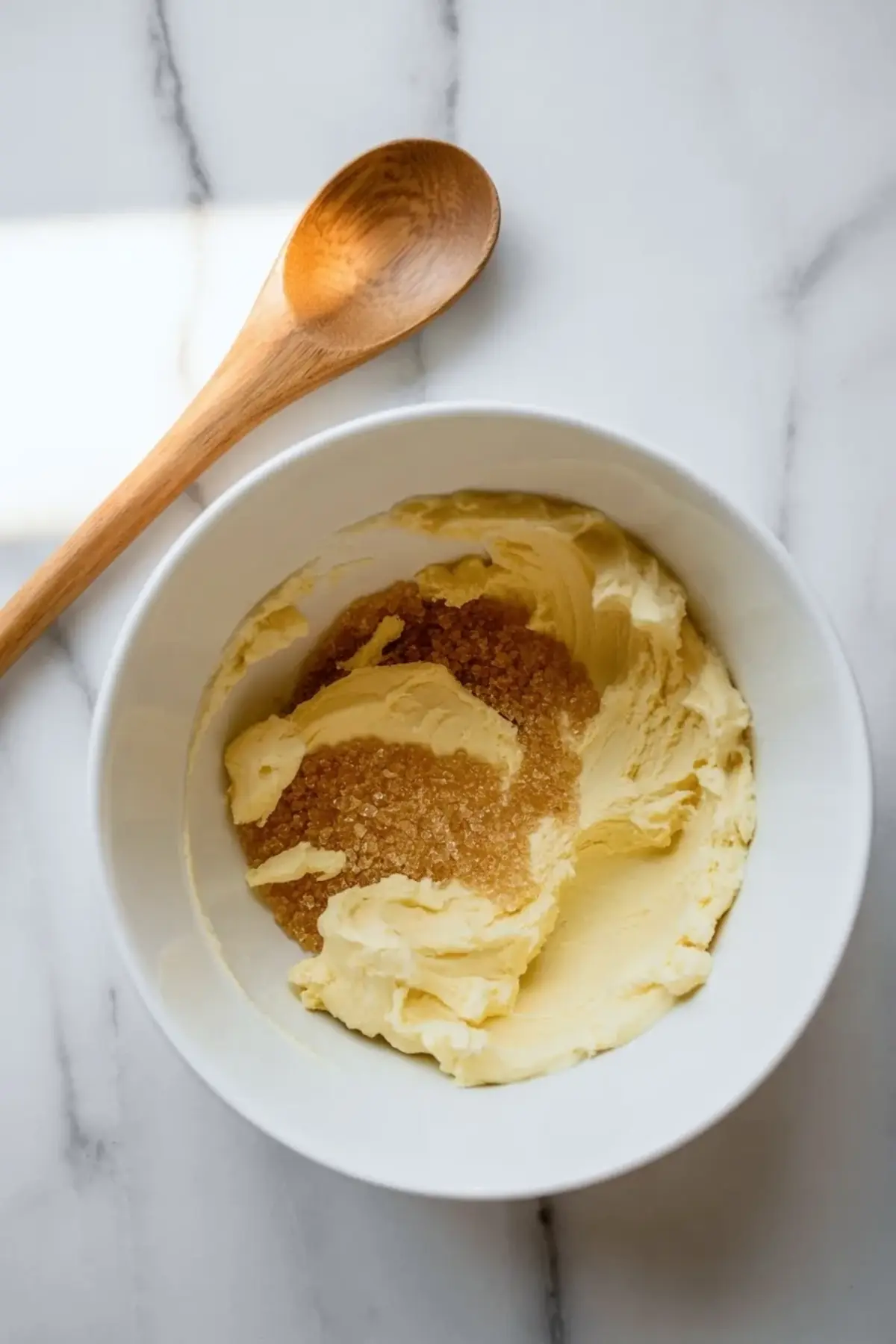 Butter and brown sugar for spiced dark chocolate cornbread cookies sit in a bowl before creaming the dough.