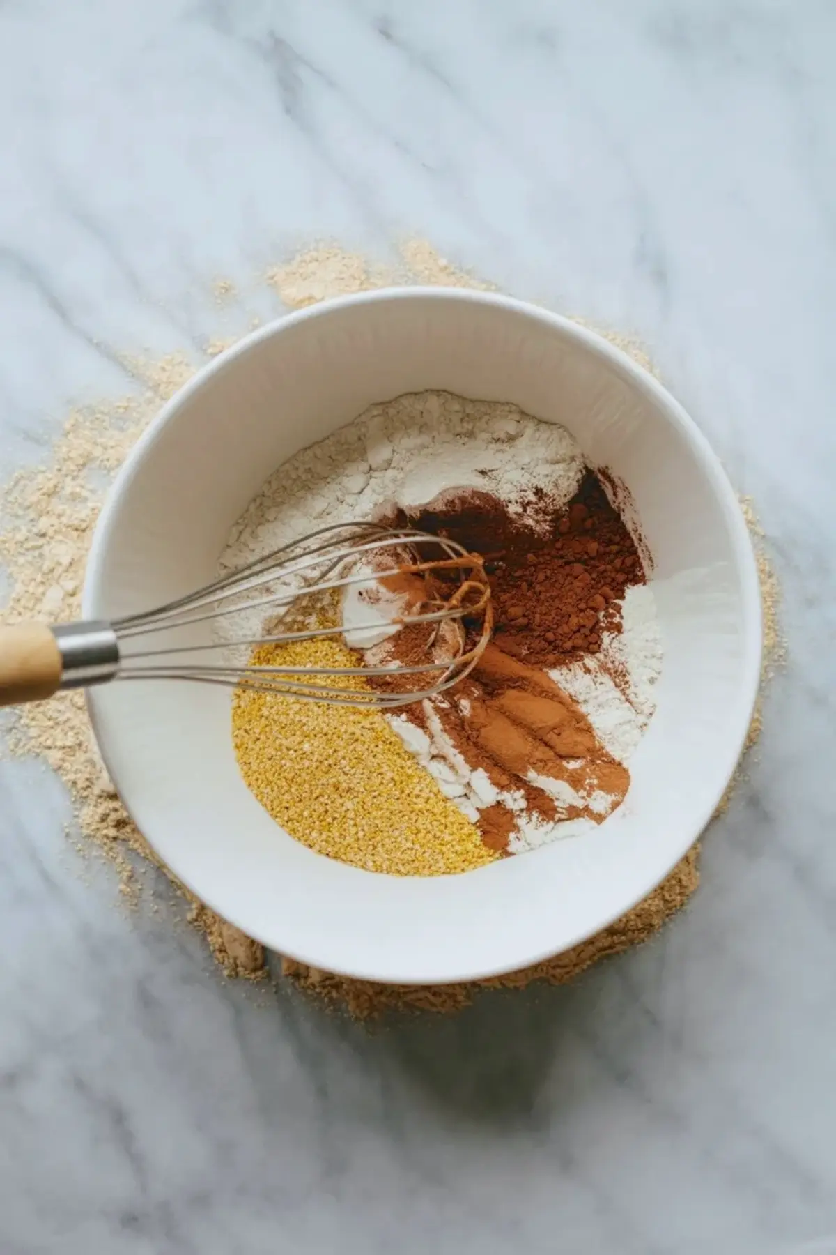 Dry ingredients for spiced dark chocolate cornbread cookies whisked in a bowl with cornmeal, cocoa powder, flour, cinnamon, cayenne, and smoked paprika.