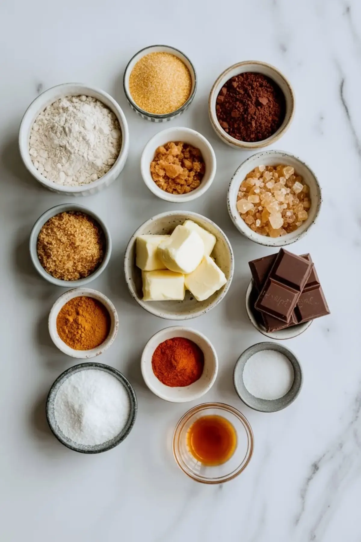 Ingredients for spiced dark chocolate cornbread cookies arranged in bowls with cornmeal, cocoa, butter, sugars, spices, dark chocolate, and vanilla on a marble surface.