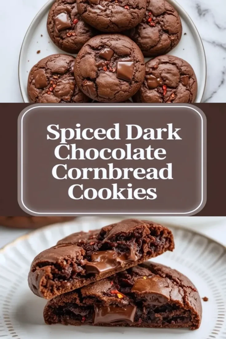 Spiced dark chocolate cornbread cookies stacked on a plate with melted dark chocolate centers and red spice flakes on top.