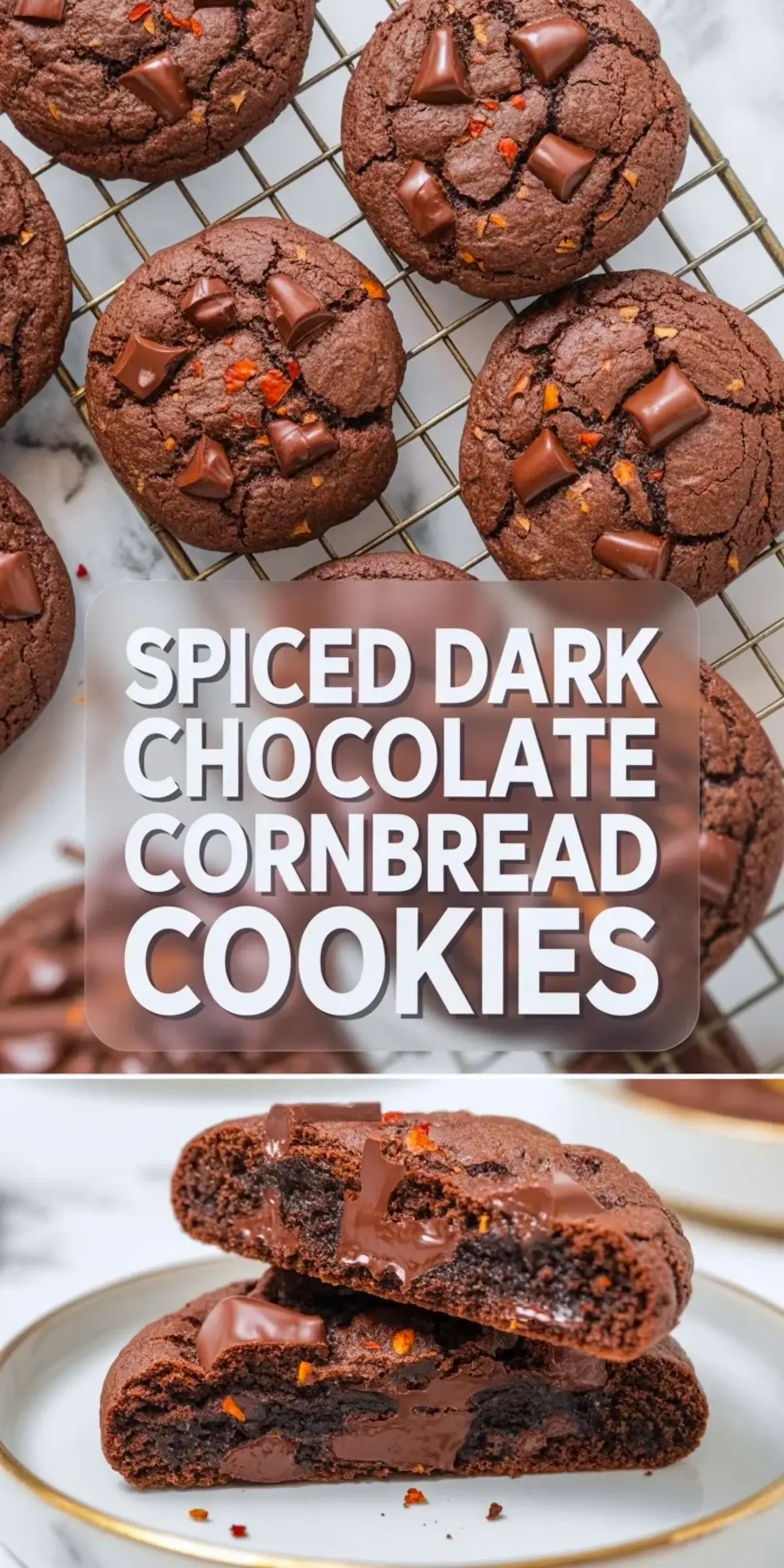 Collage of spiced dark chocolate cornbread cookies with baked cookies on a rack and stacked cookie halves showing melted dark chocolate.