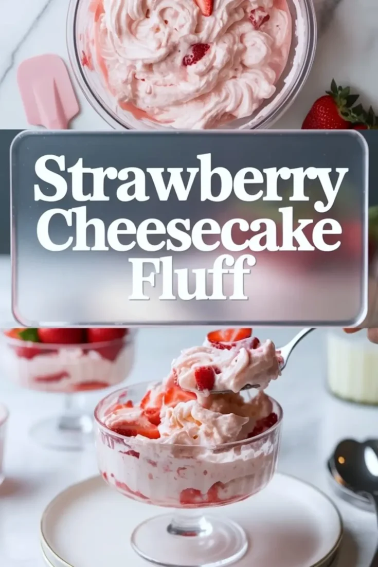 Strawberry cheesecake fluff in a glass dessert bowl topped with whipped cream and strawberry pieces, shown as a vertical text overlay hero image.