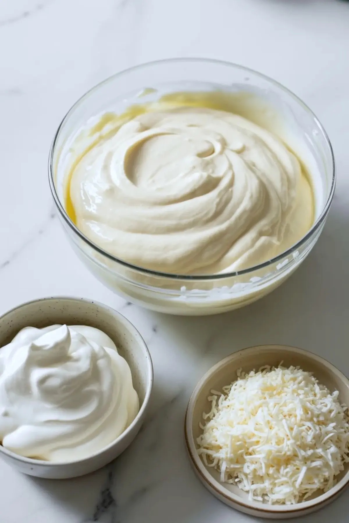 Finished strawberry coconut no-bake cheesecake filling in a mixing bowl with whipped topping and shredded coconut on white marble.