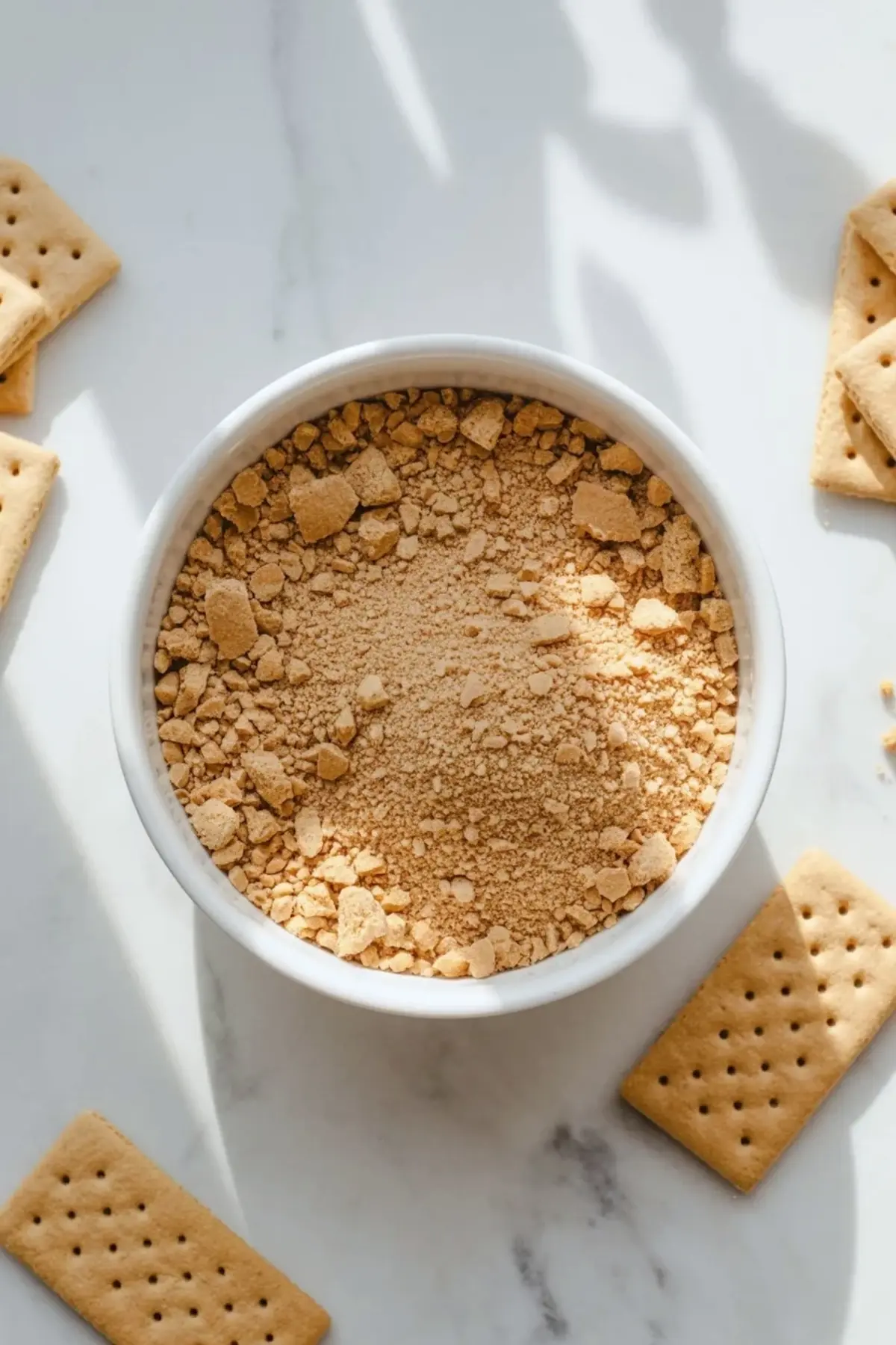 Crushed graham crackers for the crust of strawberry coconut no-bake cheesecake bars in a white bowl on marble.