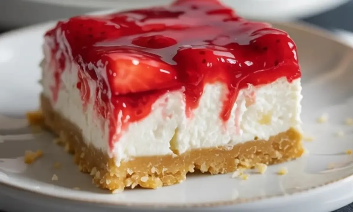 Close view of a strawberry coconut no-bake cheesecake bar on a plate showing the creamy coconut filling and graham crust.
