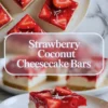 Strawberry coconut no-bake cheesecake bars arranged on a tray with glossy strawberry topping and coconut flakes on white marble.