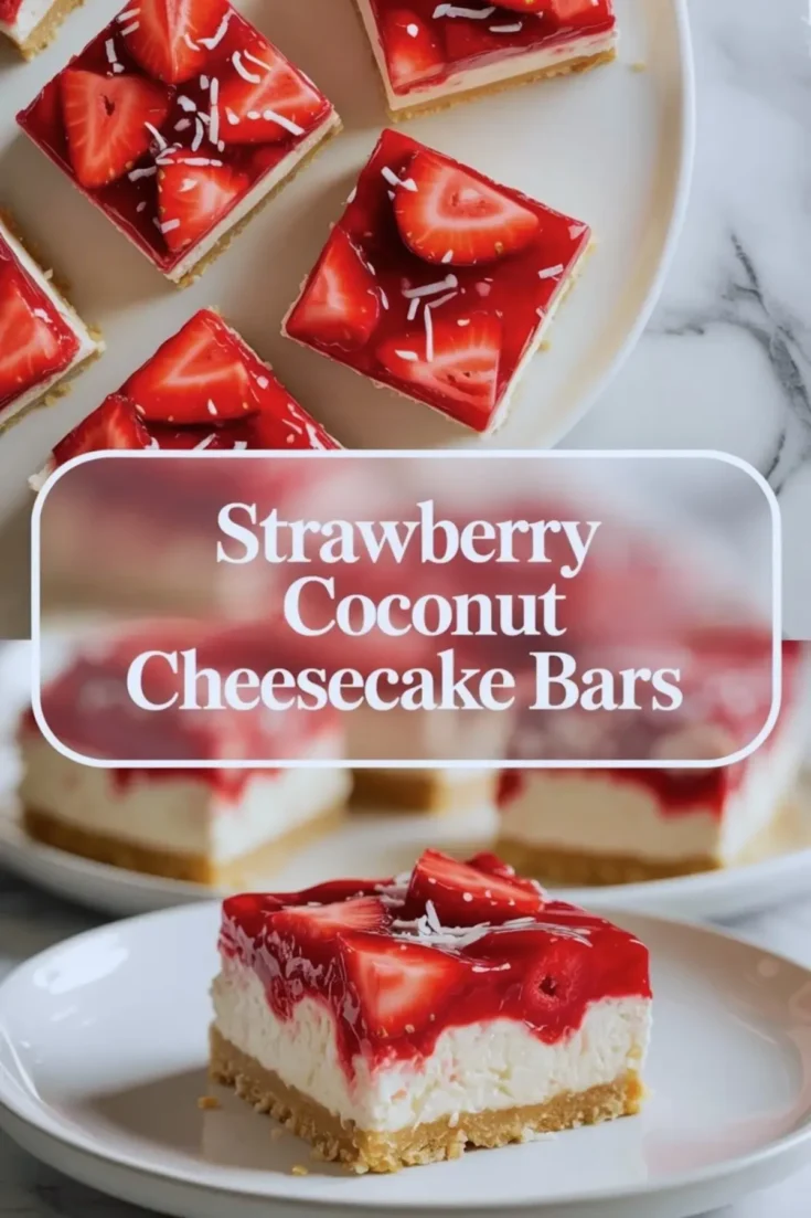 Strawberry coconut no-bake cheesecake bars arranged on a tray with glossy strawberry topping and coconut flakes on white marble.