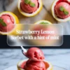 Pinterest graphic for strawberry lemon sorbet with a hint of mint showing lemon cup servings and a spoon lifting a scoop.