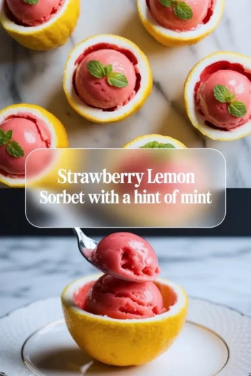 Pinterest graphic for strawberry lemon sorbet with a hint of mint showing lemon cup servings and a spoon lifting a scoop.