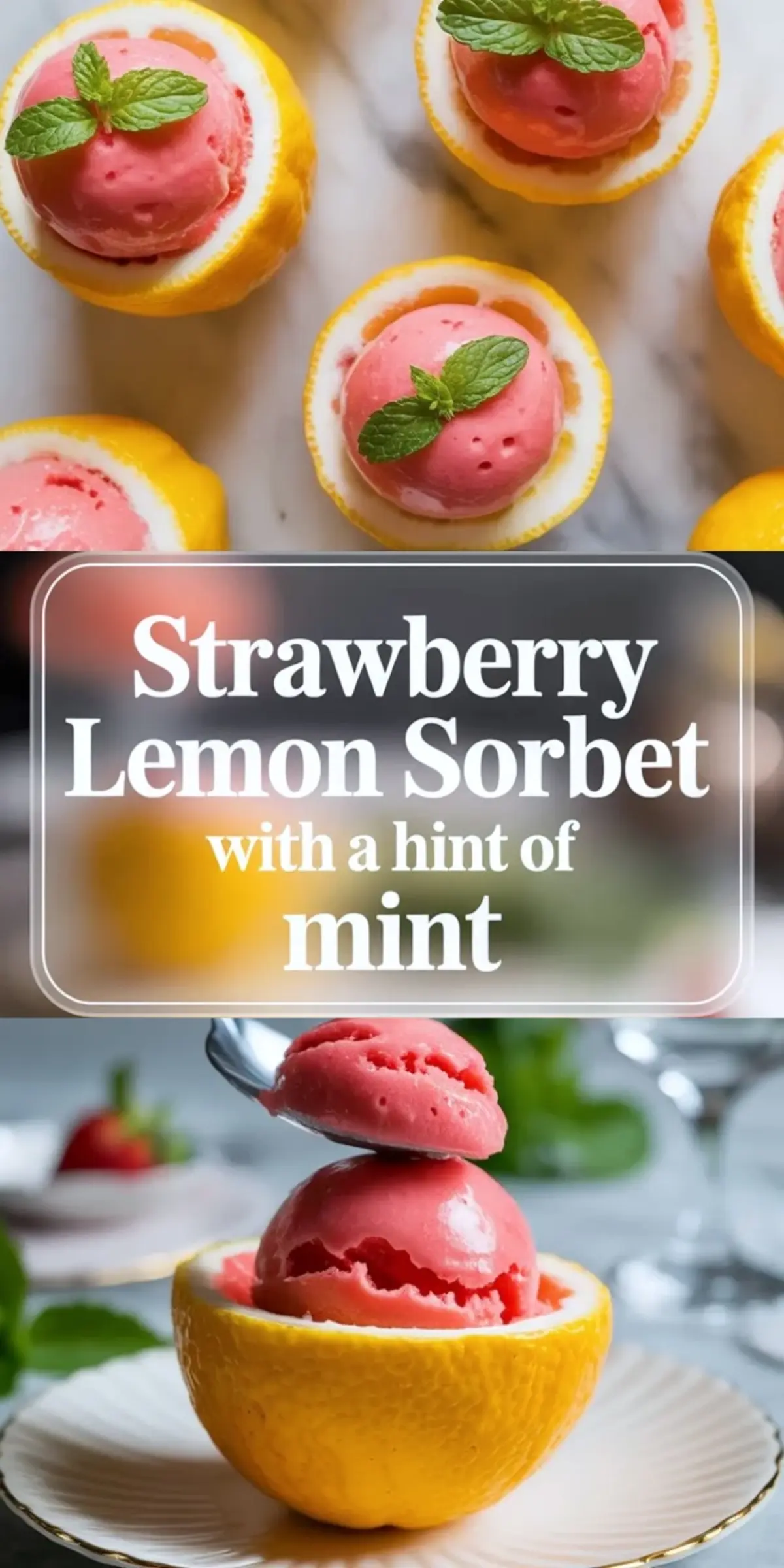 Strawberry lemon mint sorbet scooped into hollowed lemon halves with fresh mint leaves on a white marble background.