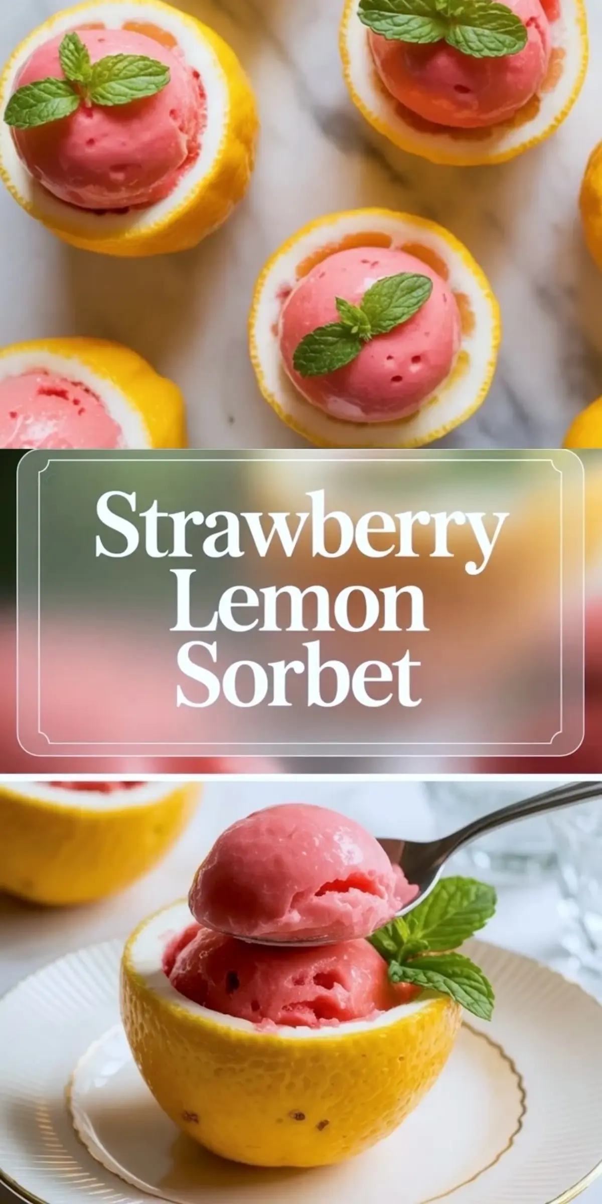 Collage pin graphic for strawberry lemon sorbet with mint showing lemon cup servings and a pink sorbet scoop in a lemon shell.