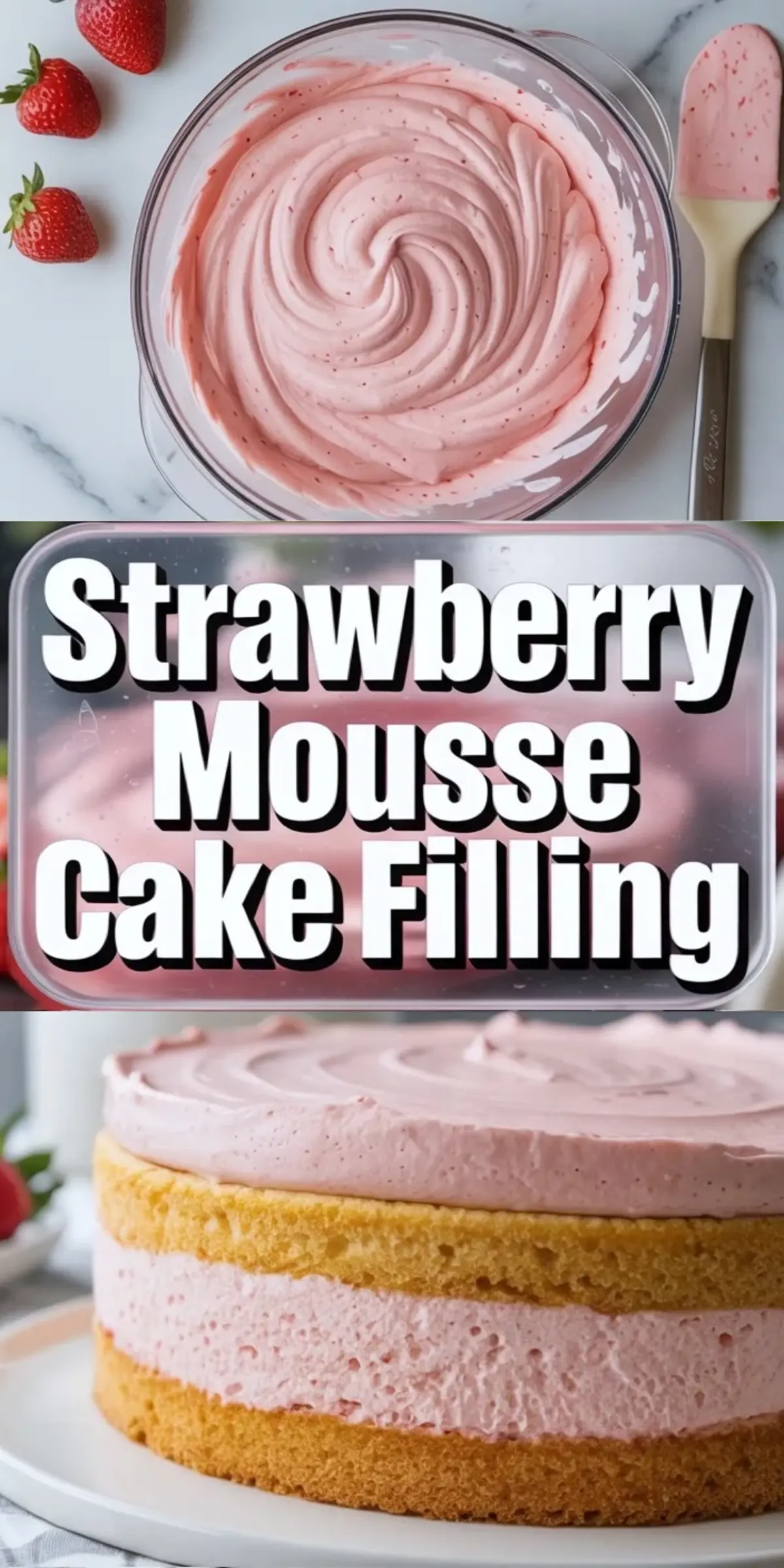 Collage of strawberry mousse cake filling in a mixing bowl and a strawberry filled layer cake with smooth pink mousse between the cake layers.