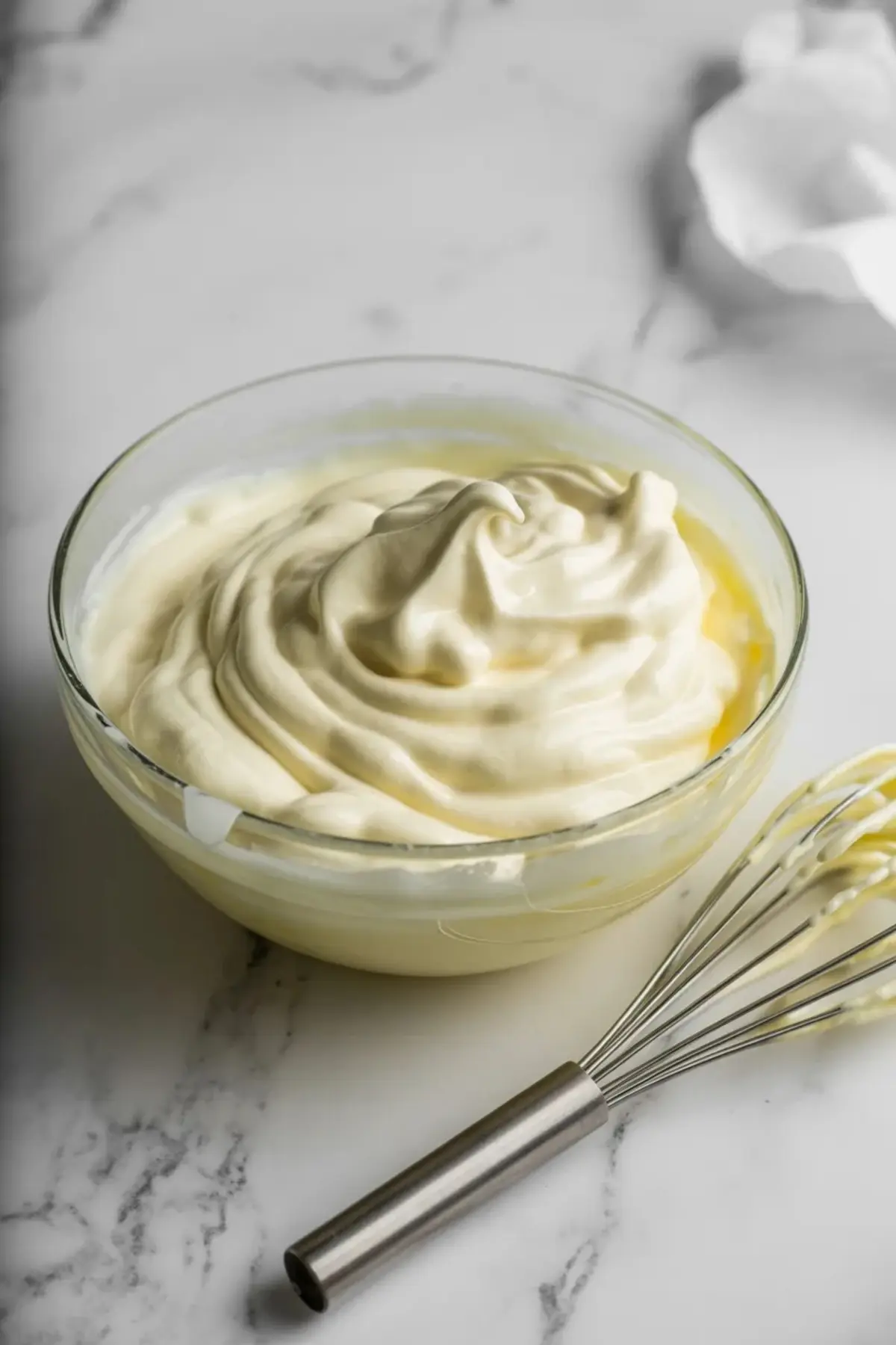 Whipped cream base for strawberry mousse cake filling in a glass bowl with soft peaks and a whisk on the marble surface.