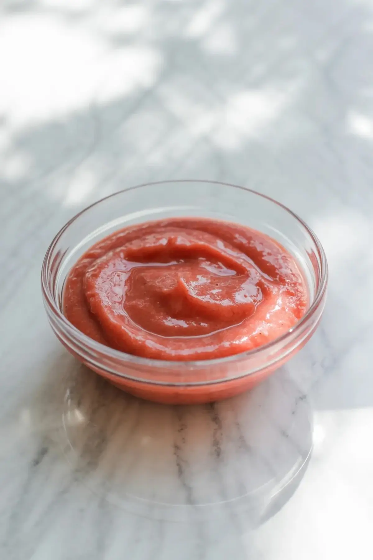 Fresh strawberry puree in a glass bowl for strawberry mousse cake filling before it is folded into the whipped cream.