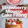 Layer cake filled with strawberry mousse cake filling and topped with fresh strawberries on a white marble cake stand.