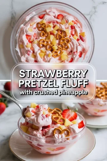 Strawberry pretzel fluff with crushed pineapple shown as a vertical text overlay hero with the fluffy pink dessert in a bowl and a spooned serving below.