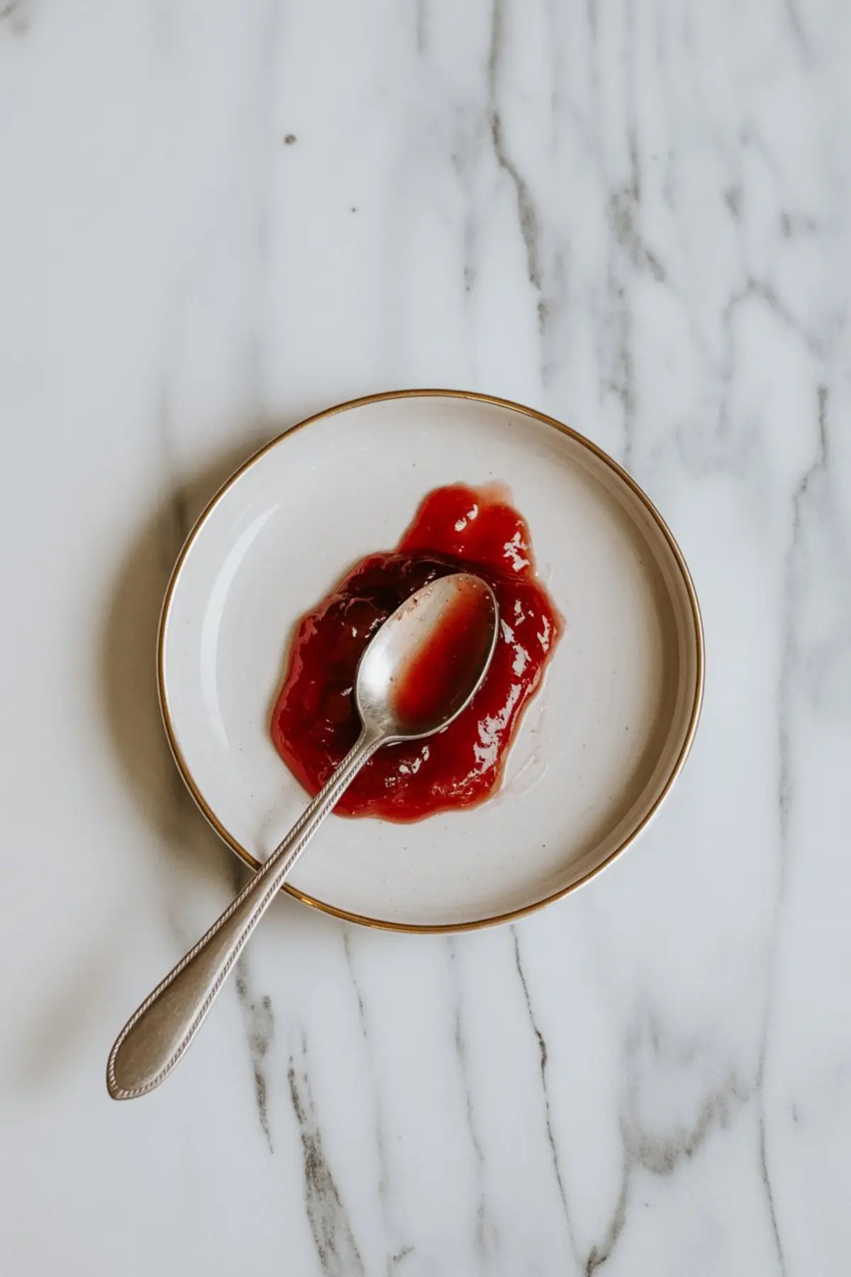 A small plate holds a spoonful of strawberry rhubarb jam on a marble surface, showing the smooth glossy texture of the preserve.
