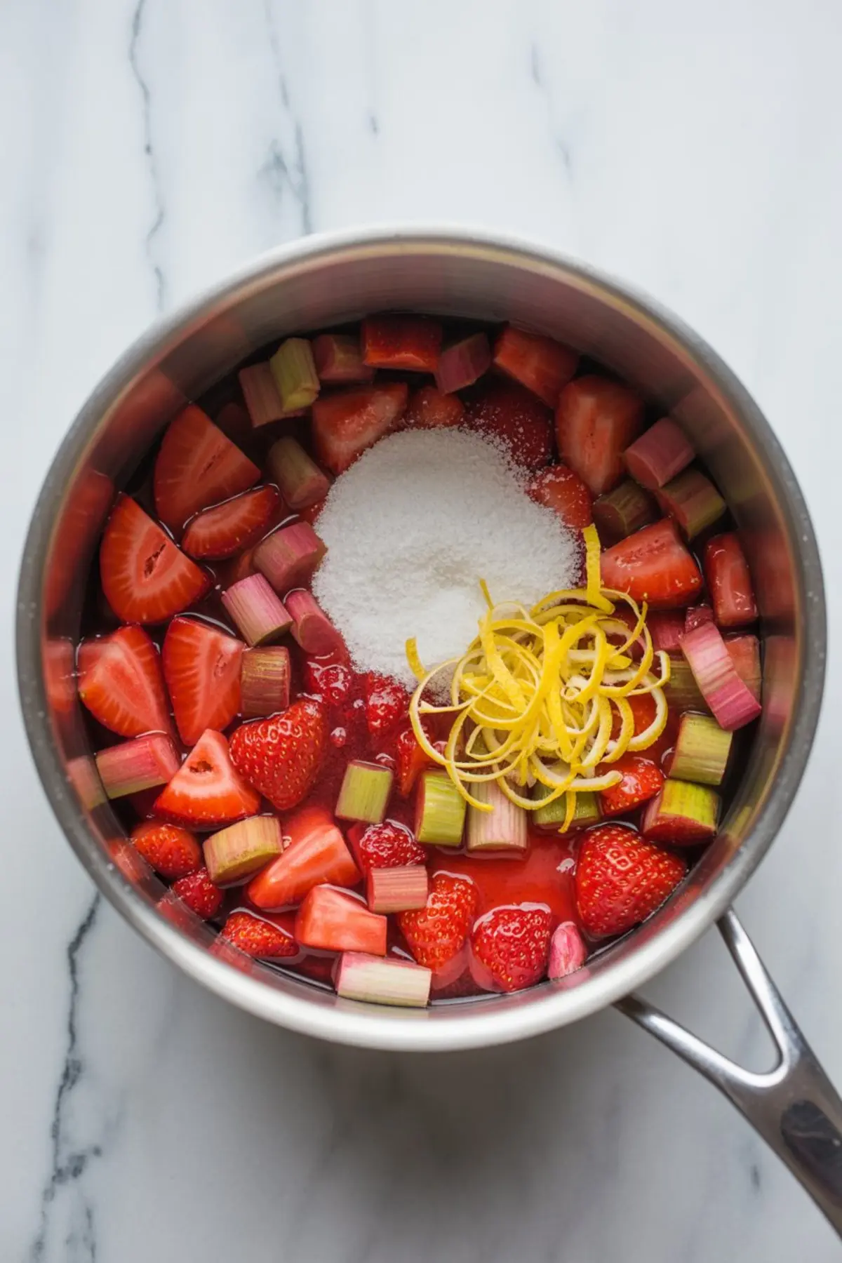 Strawberries, chopped rhubarb, sugar, and lemon zest sit in a saucepan before cooking strawberry rhubarb jam.