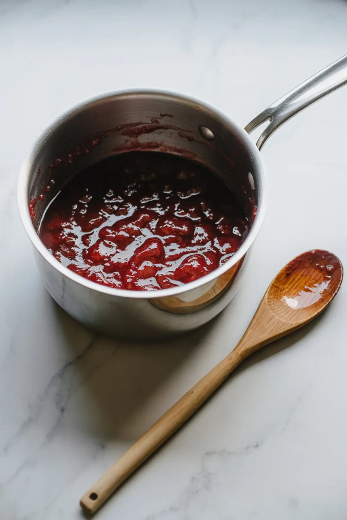 Cooked strawberry rhubarb jam bubbles in a saucepan beside a wooden spoon, showing the thickening jam as it cooks.