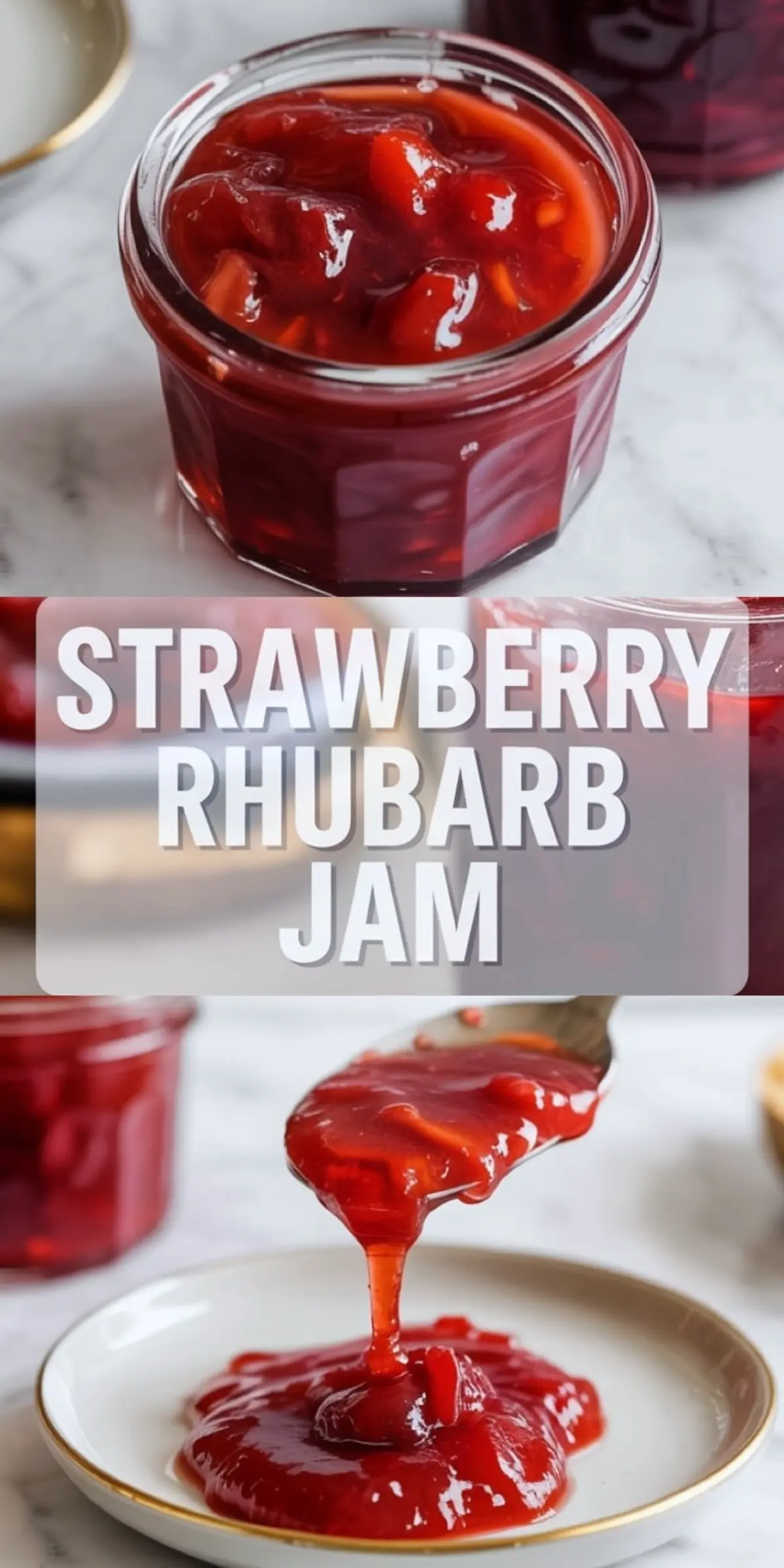 A jar of strawberry rhubarb jam sits on a marble surface, showing glossy jam with visible pieces of strawberry and rhubarb in the jar.