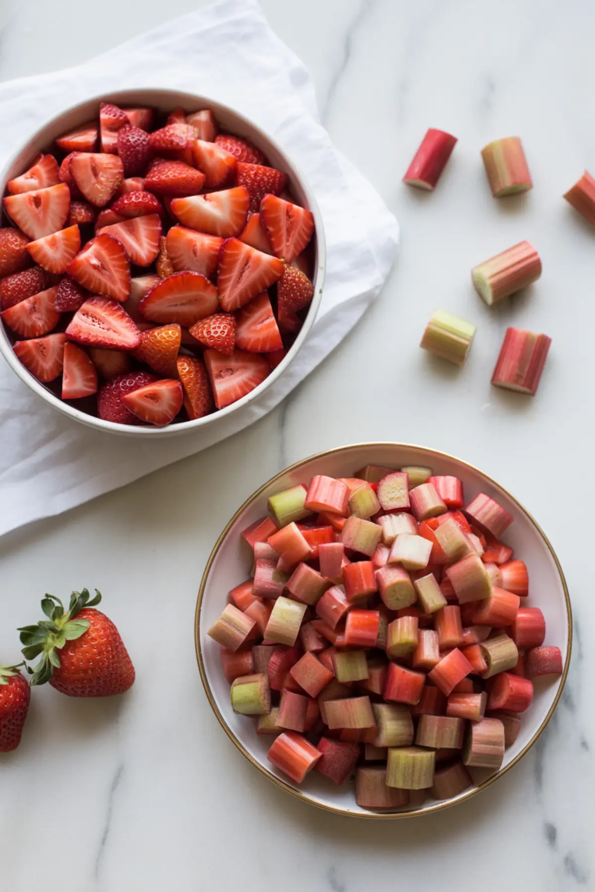 Fresh strawberries and chopped rhubarb sit in two bowls on a marble surface before being turned into strawberry rhubarb jam.
