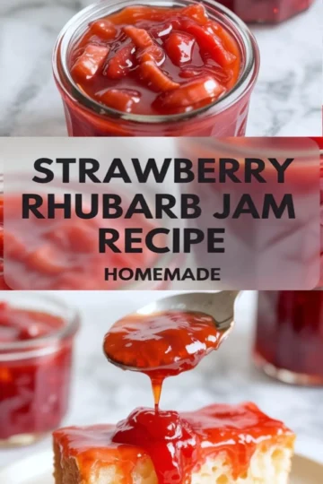 Collage of strawberry rhubarb jam showing a jar of jam and a spoonful poured over bread, with the finished preserve looking glossy and bright red.