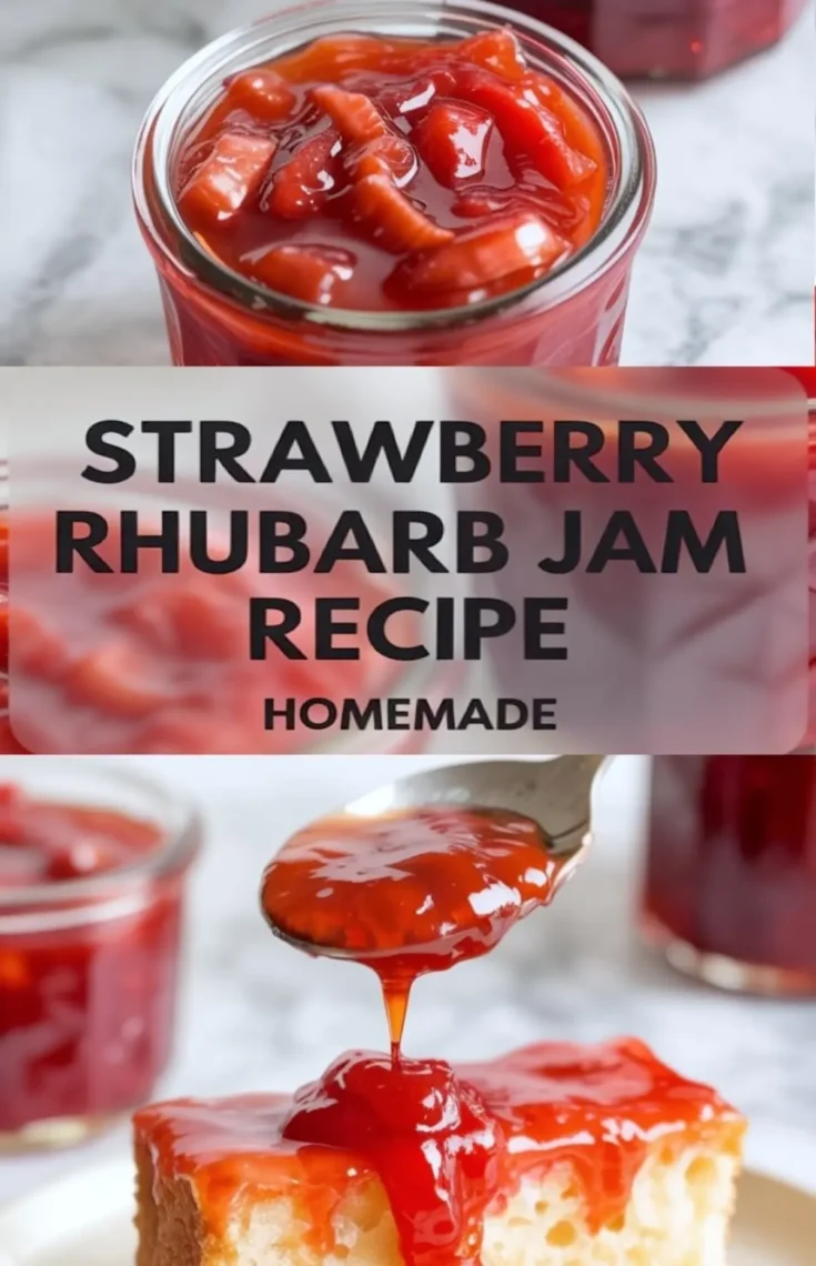 Collage of strawberry rhubarb jam showing a jar of jam and a spoonful poured over bread, with the finished preserve looking glossy and bright red.
