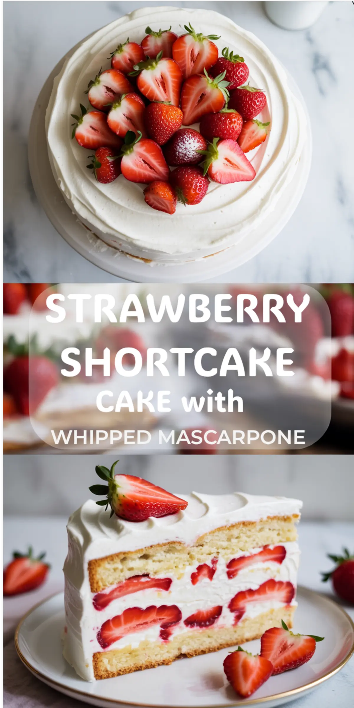 Collage of strawberry shortcake cake with mascarpone showing the frosted whole cake topped with berries and a plated slice with fresh strawberry filling.