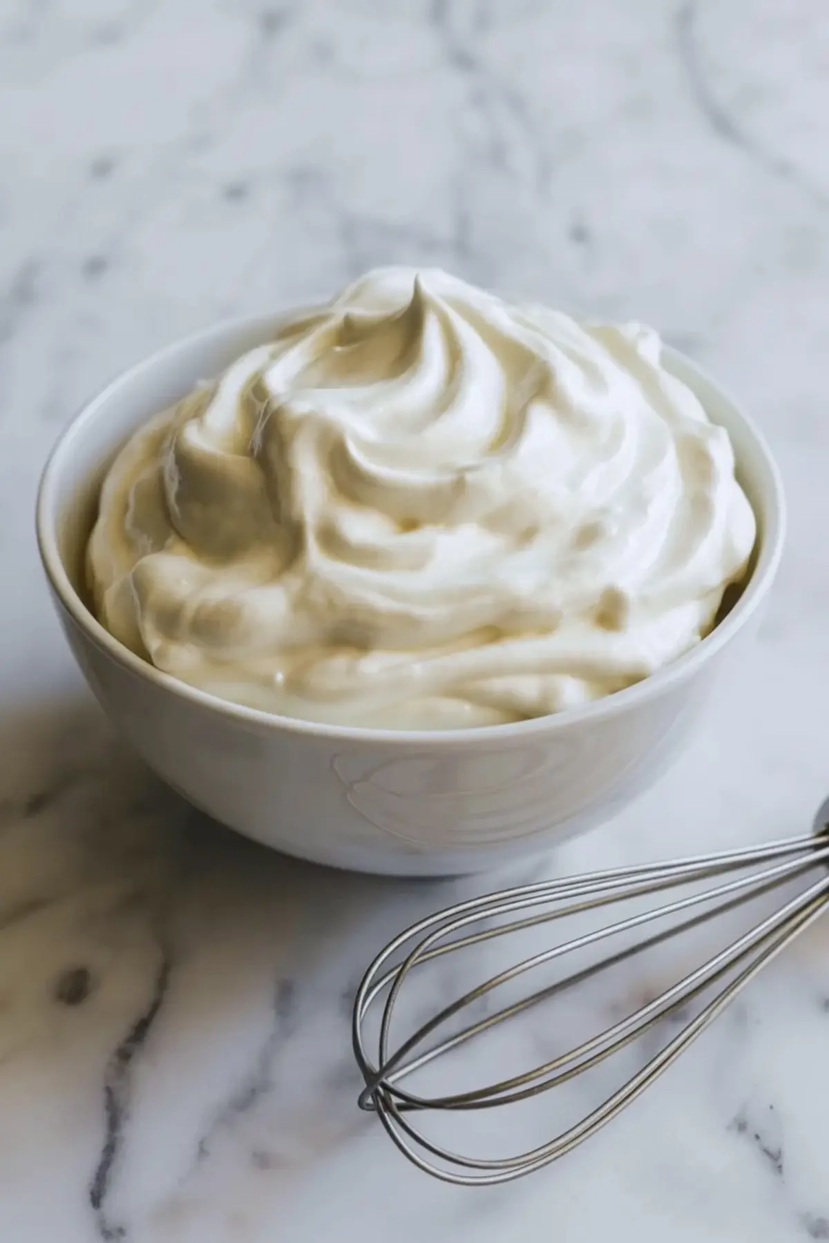 Whipped mascarpone cream for strawberry shortcake cake in a white bowl with a whisk on a white marble surface.