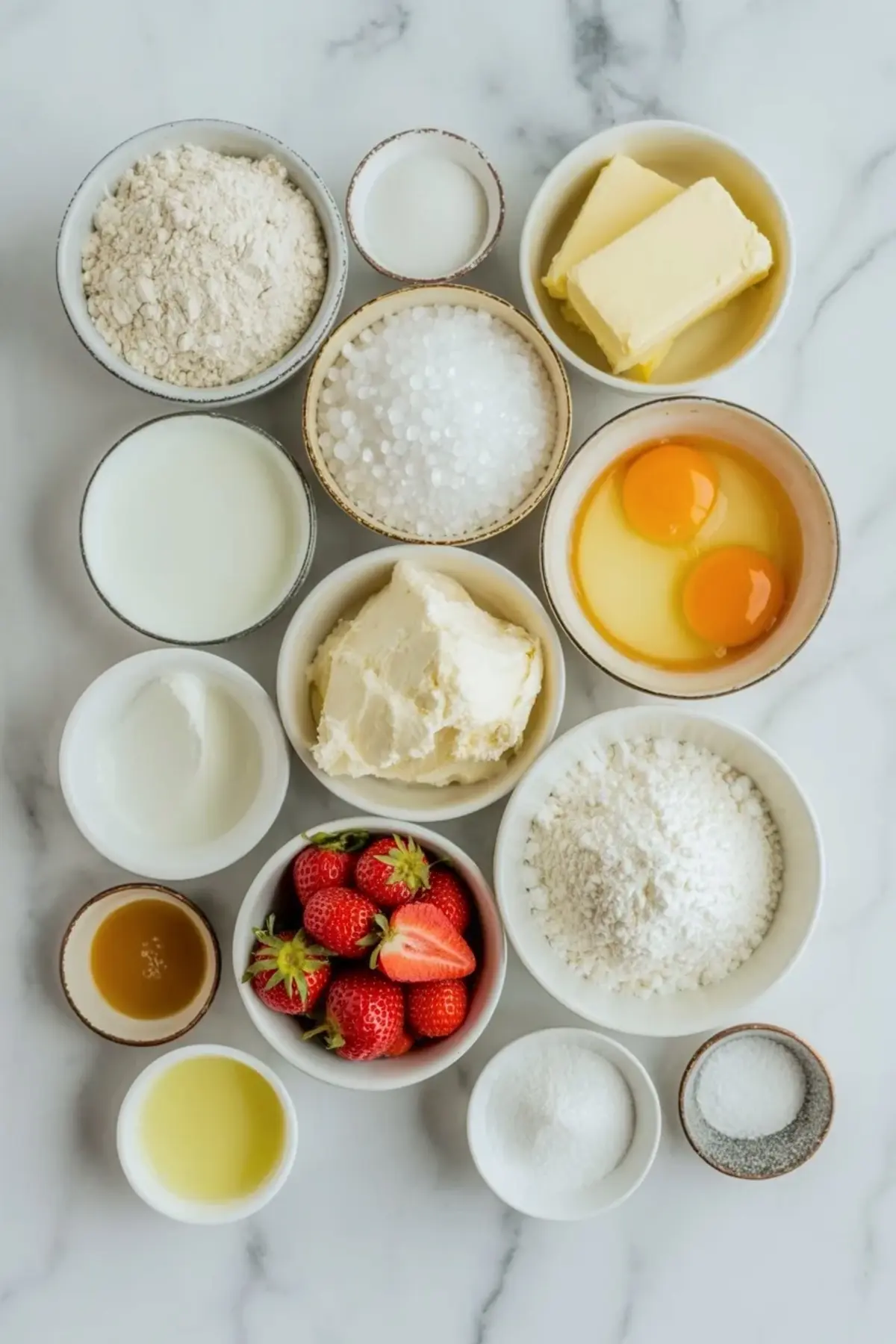 Ingredients for strawberry shortcake cake with mascarpone arranged with strawberries, flour, eggs, butter, mascarpone, cream, sugar, and vanilla on a white marble surface.