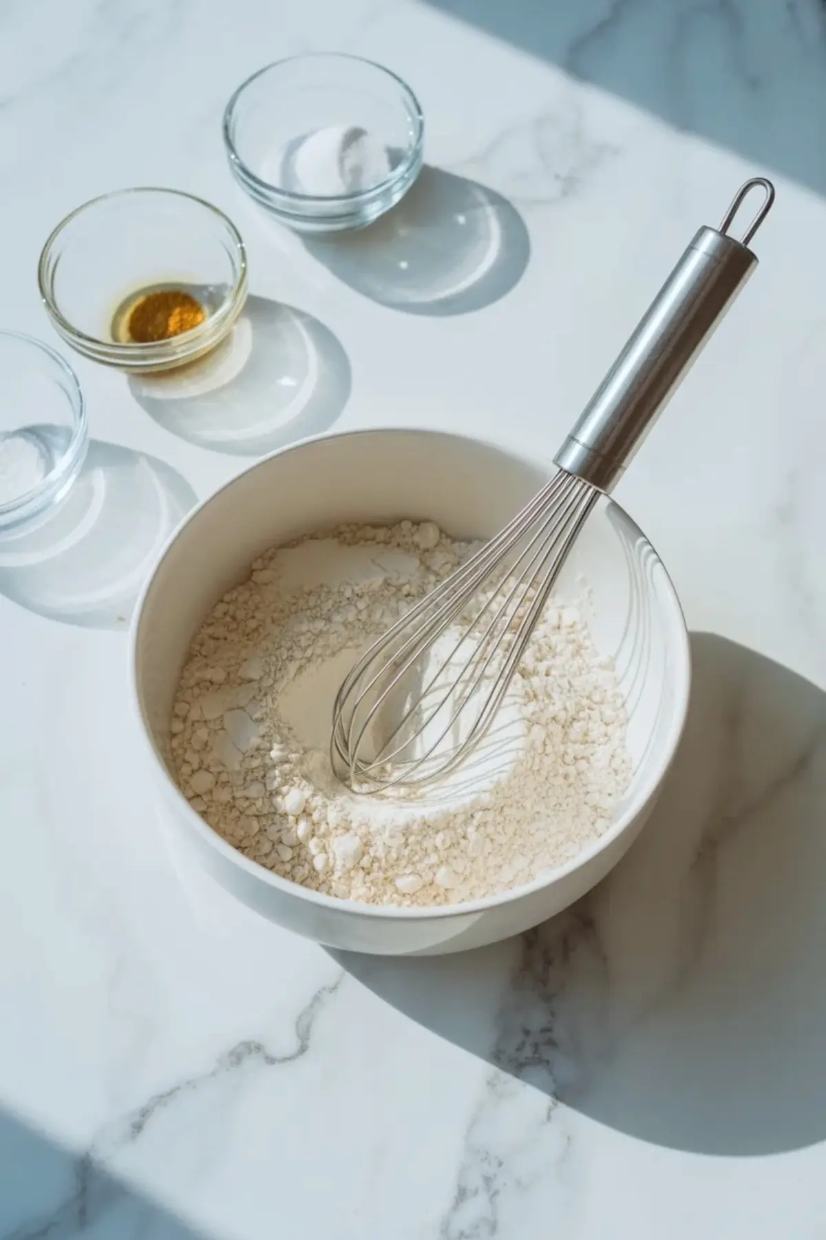Dry ingredients for strawberry shortcake cake with mascarpone being whisked in a mixing bowl before the vanilla cake layers are baked.