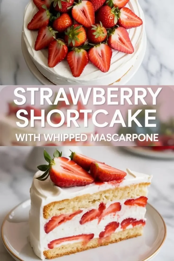 Strawberry shortcake cake with mascarpone shown as a vertical hero image with the whole berry topped cake above and a plated layer cake slice below.