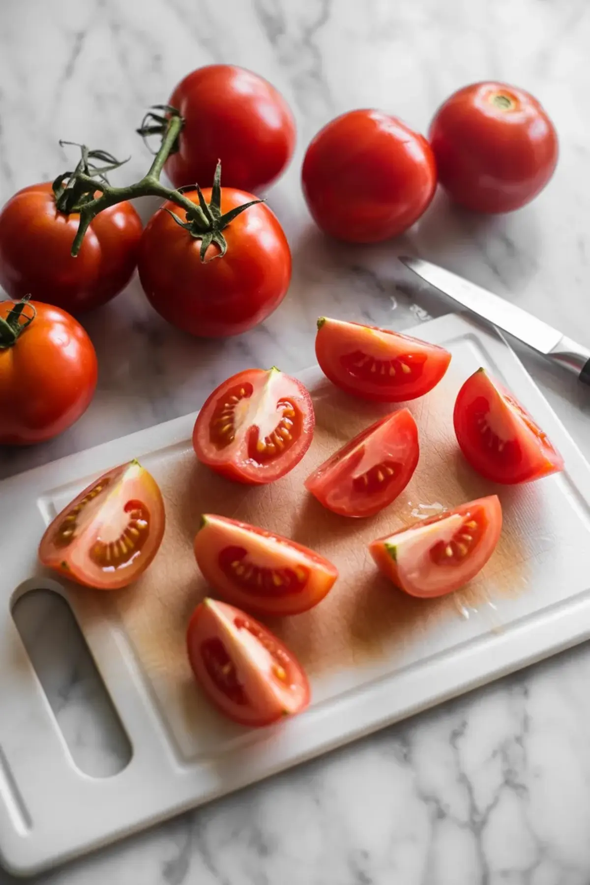 Fresh tomatoes are sliced on a cutting board for this tomato jam recipe with ripe summer tomatoes and homemade savory jam flavor.